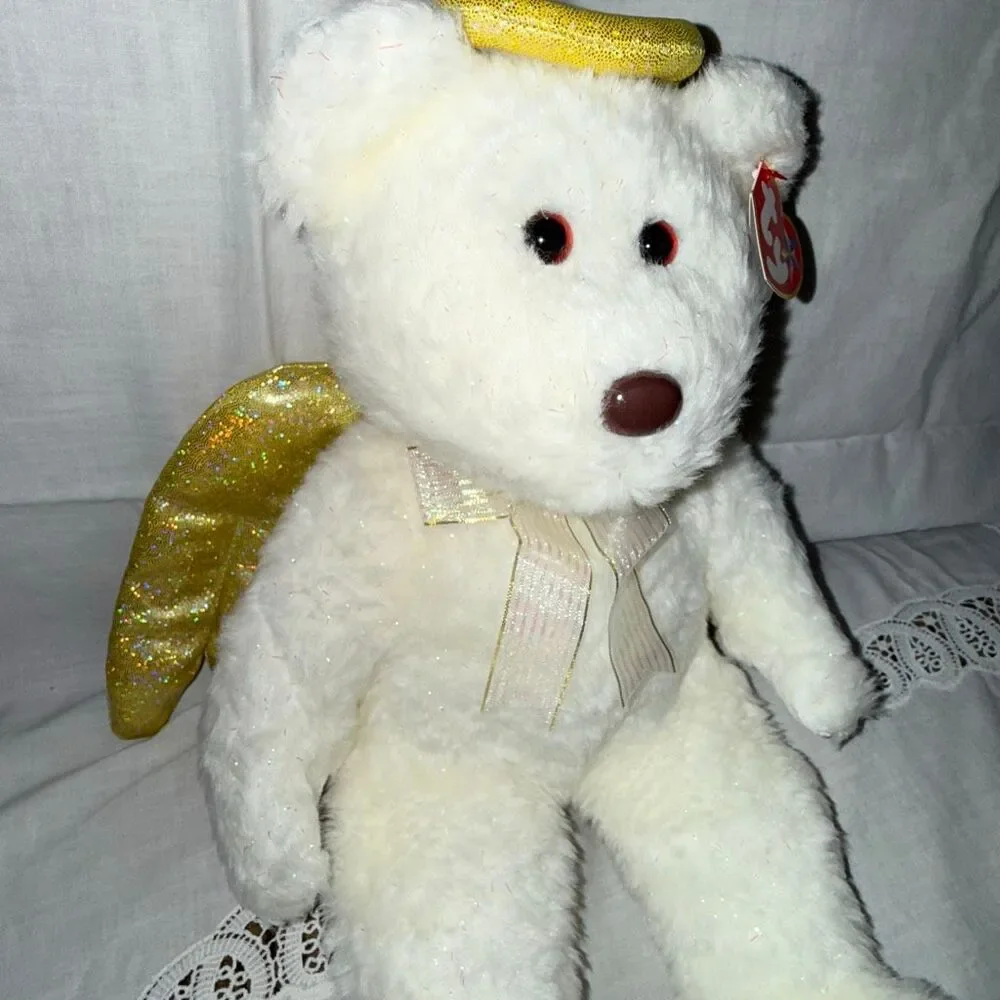 Ty Beanie Buddy Halo II Angel Bear 2000 White Gold Wings Iridescent Sparkle MWMT